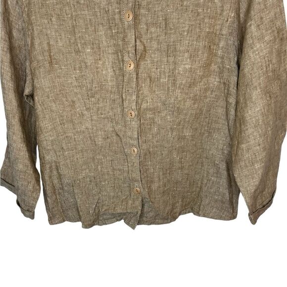 Flax Tan 100% Linen Lagenlook Button Front Cropped Shirt Petite - Picture 4 of 8